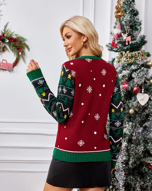 Bisiklet Yaka İşlemeli Kazak – Noel Ağacı ve Dinozor