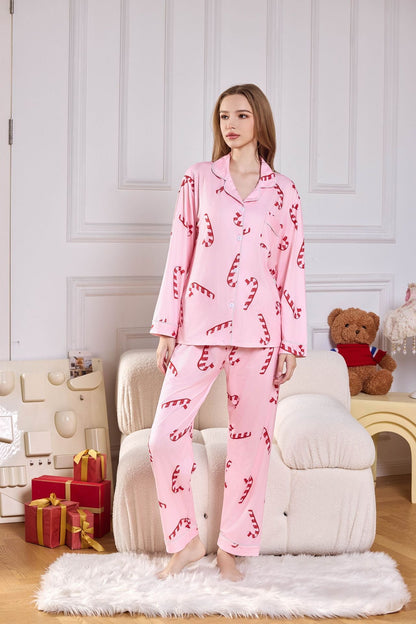 Pembe Şeker Kamışı Desenli Saten Uzun Pijama Takımı