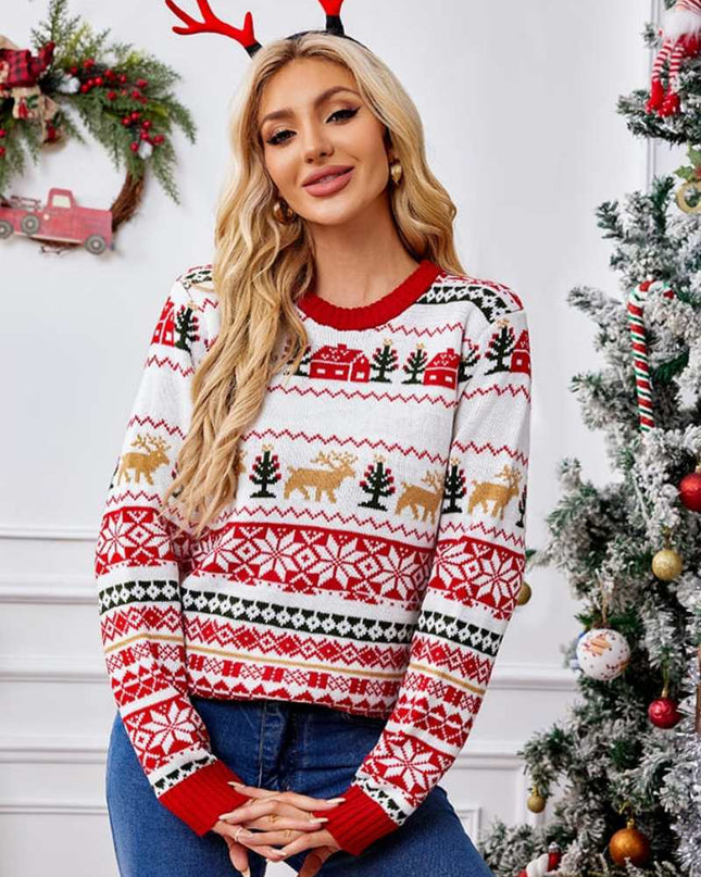 Noel Yuvarlak Yaka İşlemeli Örgü Kazak