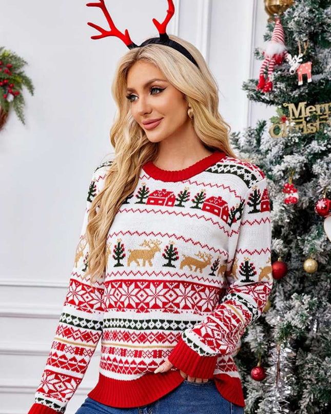 Noel Yuvarlak Yaka İşlemeli Örgü Kazak