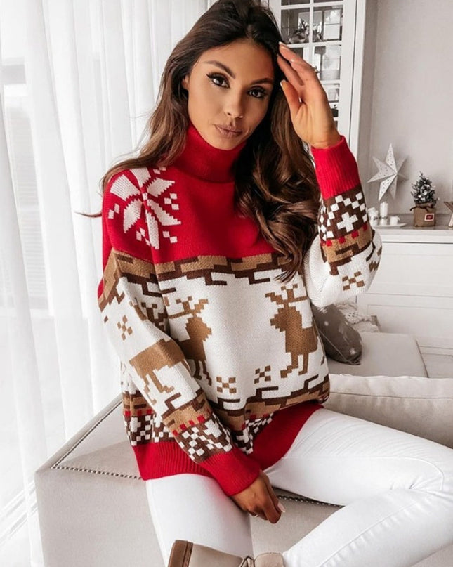 İşlemeli Ren Geyiği ve Kar Tanesi Tasarımlı Örgü Kazak