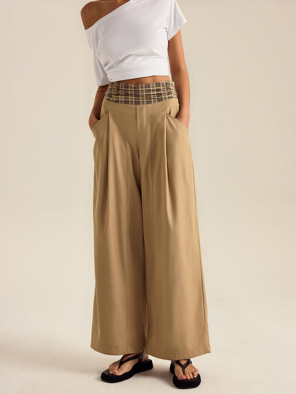 Cepli Gingham Geniş Paça Pantolon