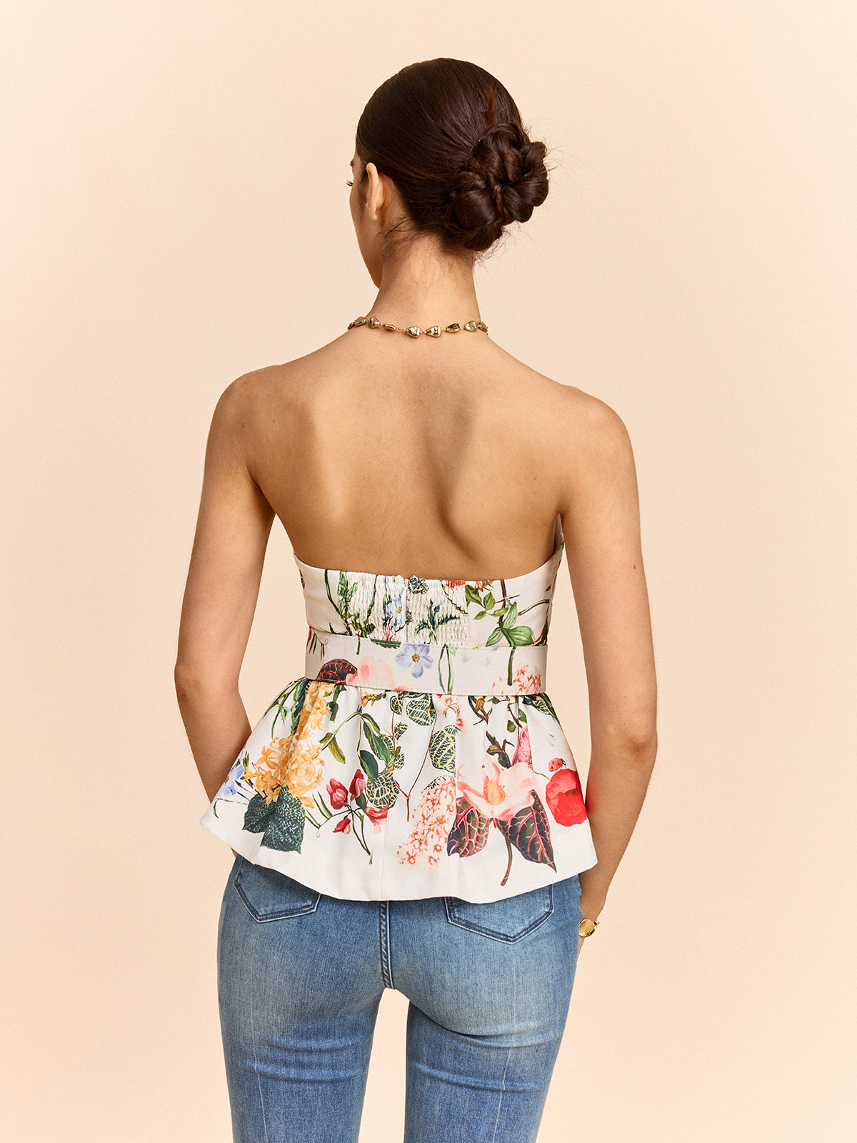 Çiçek Desenli Straplez Peplum Üst Kemerli