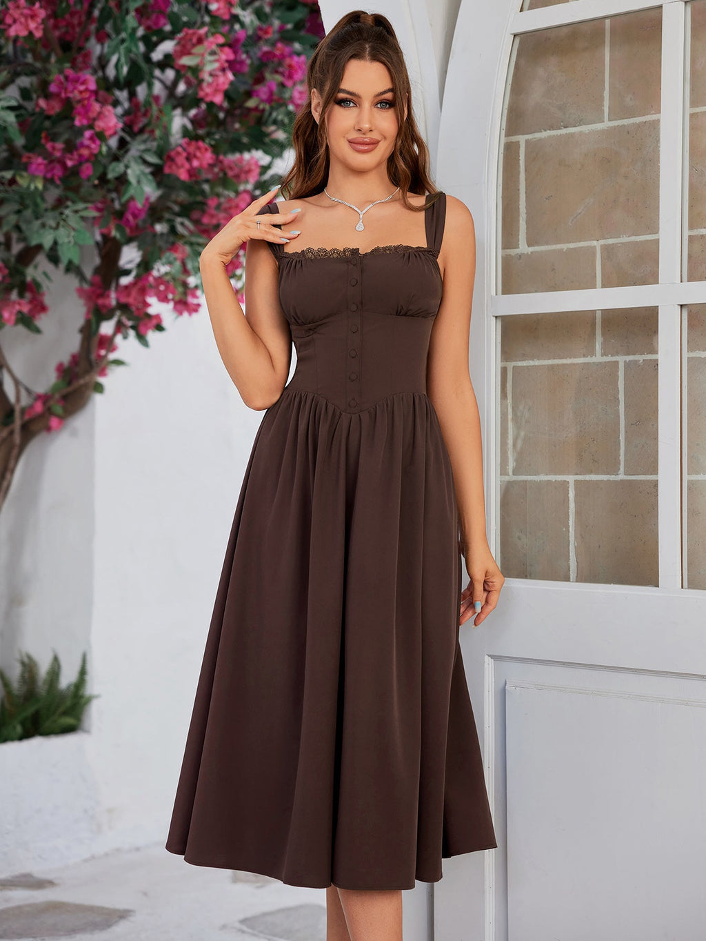 Düğme Detaylı Askılı Midi Elbise