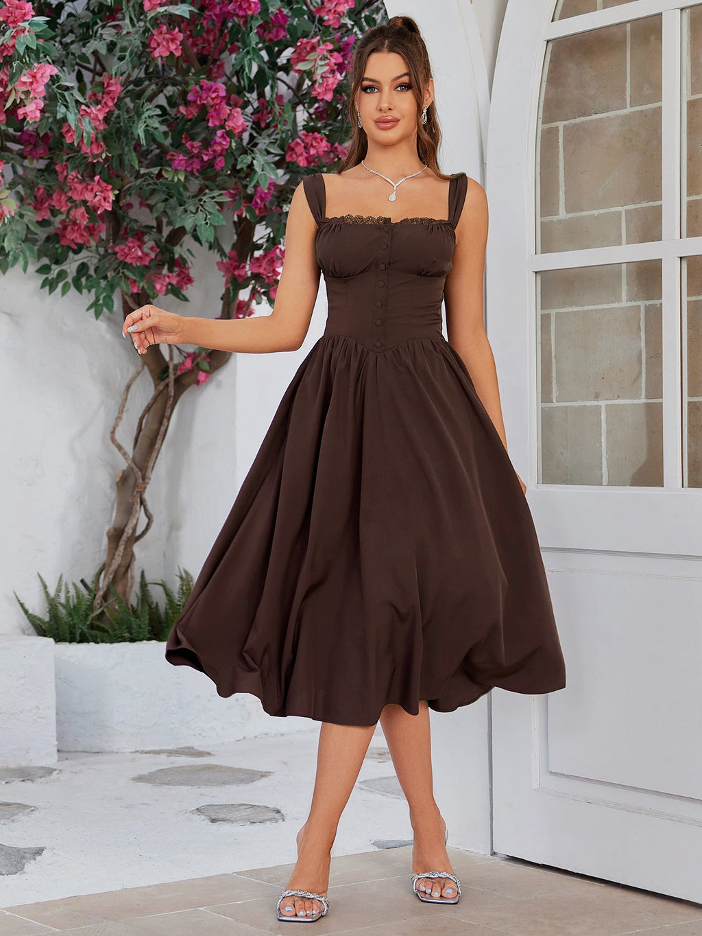 Düğme Detaylı Askılı Midi Elbise