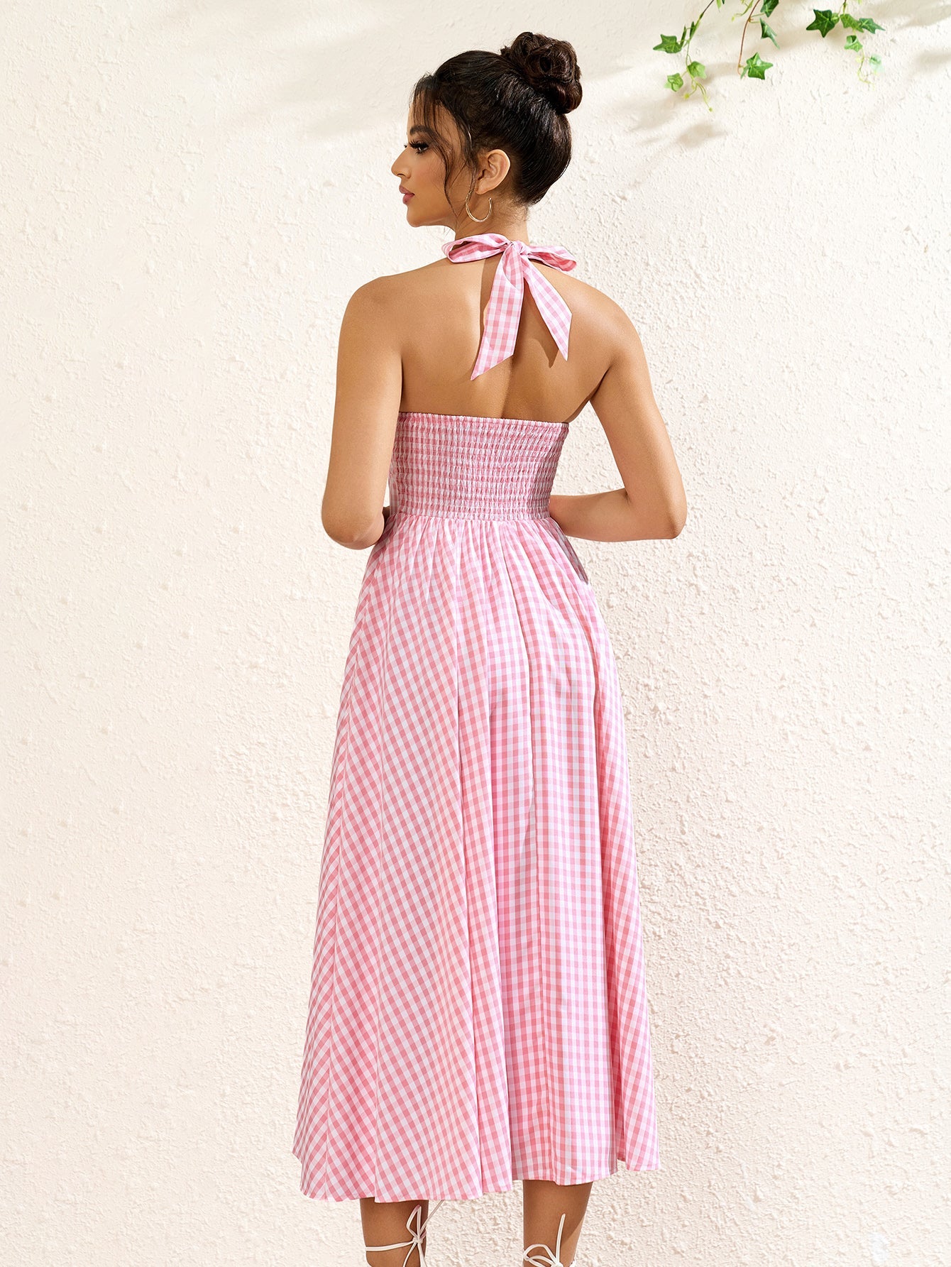 V Yaka Kareli Halter Maxi Elbise