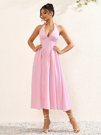 V Yaka Kareli Halter Maxi Elbise