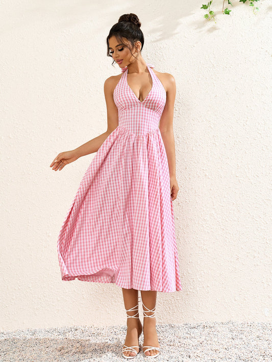 V Yaka Kareli Halter Maxi Elbise