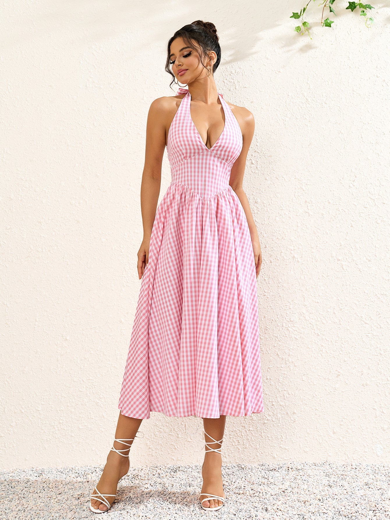 V Yaka Kareli Halter Maxi Elbise