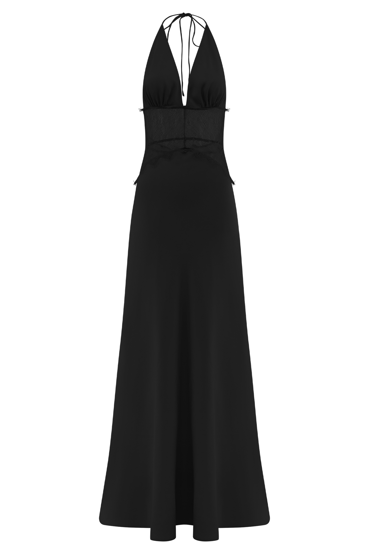 Dantel Bel Detaylı Saten Halter Uzun Elbise – Siyah
