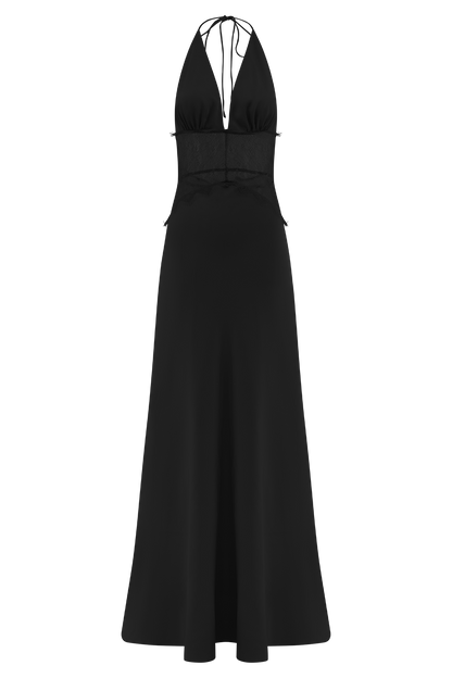 Dantel Bel Detaylı Saten Halter Uzun Elbise – Siyah