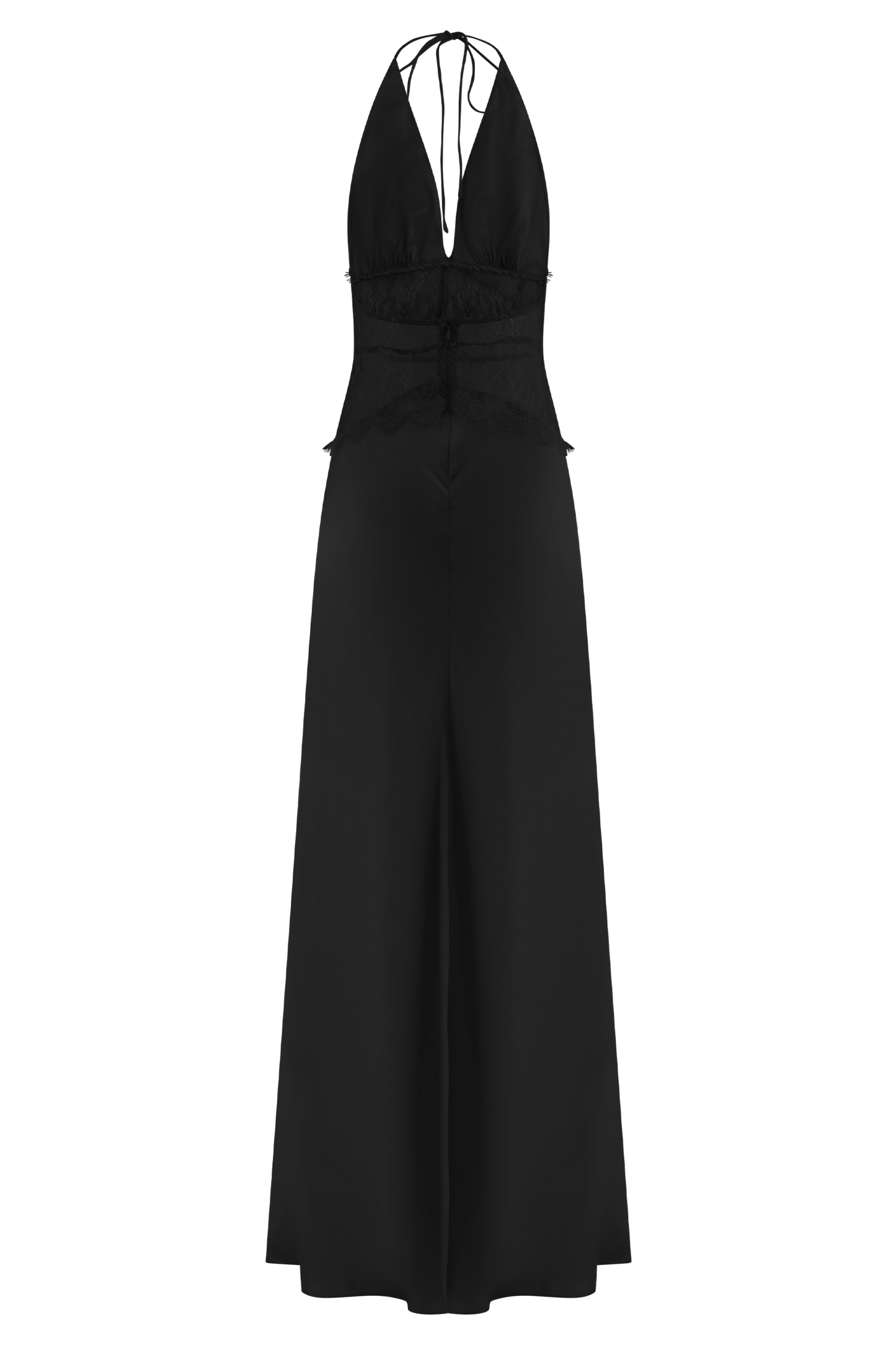 Dantel Bel Detaylı Saten Halter Uzun Elbise – Siyah