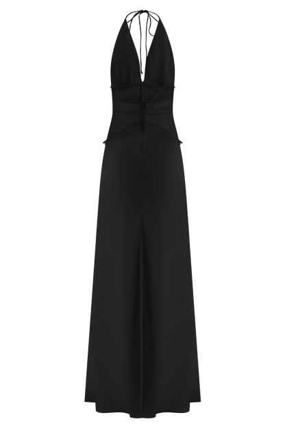 Dantel Bel Detaylı Saten Halter Uzun Elbise – Siyah