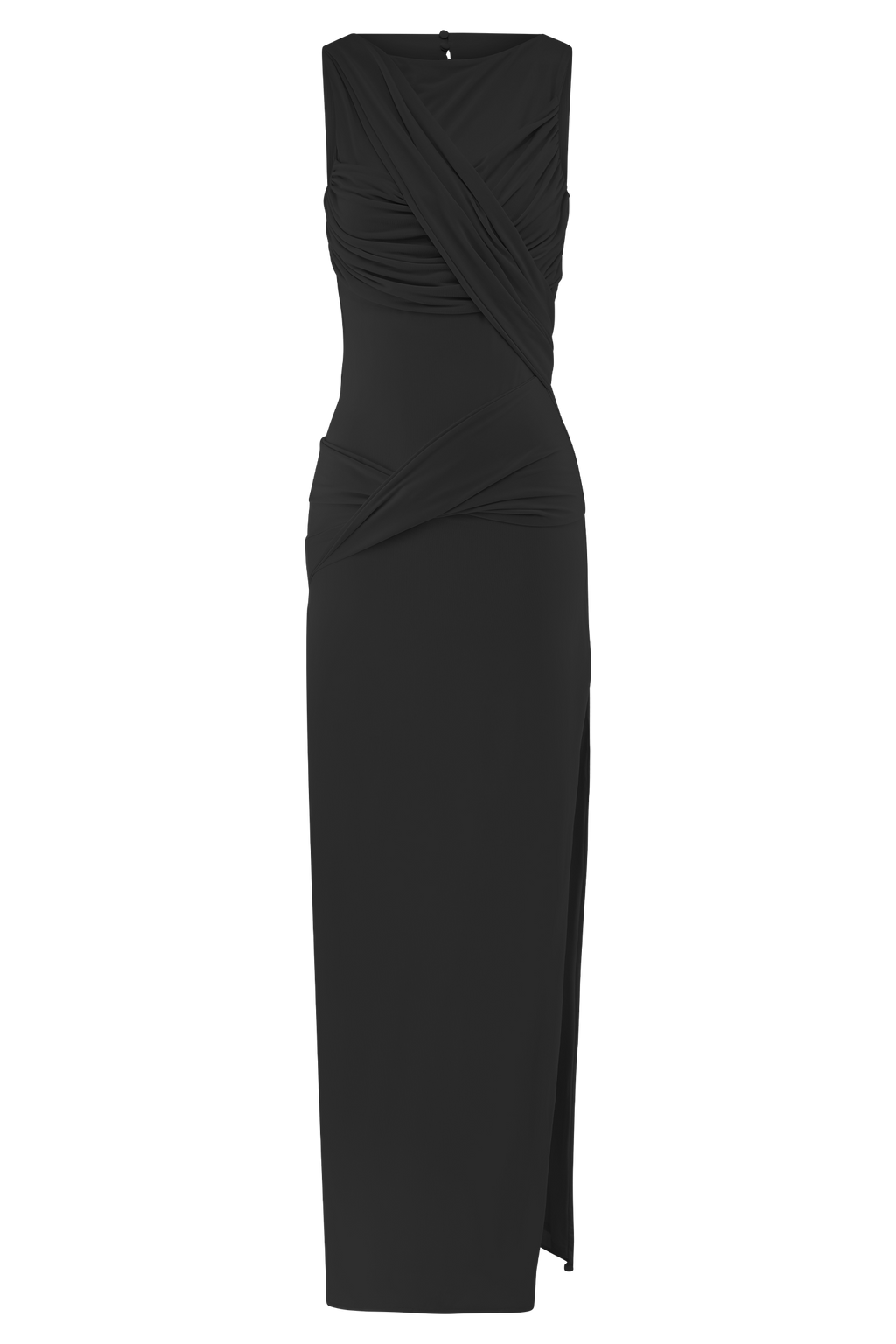 Drapeli Yırtmaç Detaylı Uzun Elbise – Siyah