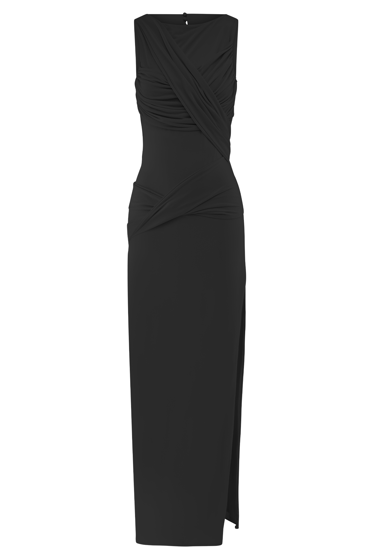 Drapeli Yırtmaç Detaylı Uzun Elbise – Siyah