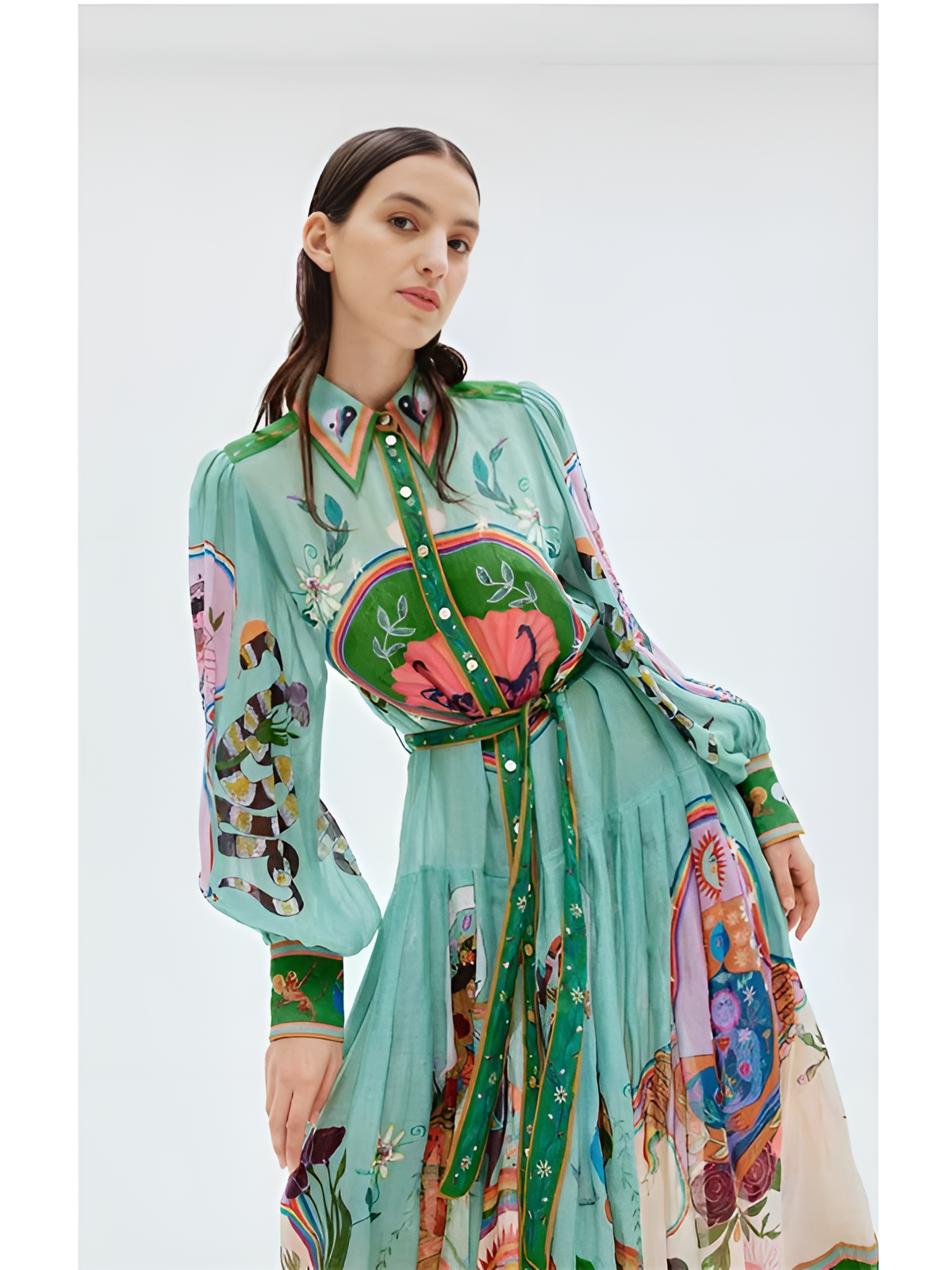 Marisela İllüstratif Desenli Kuşaklı Gömlek Elbise