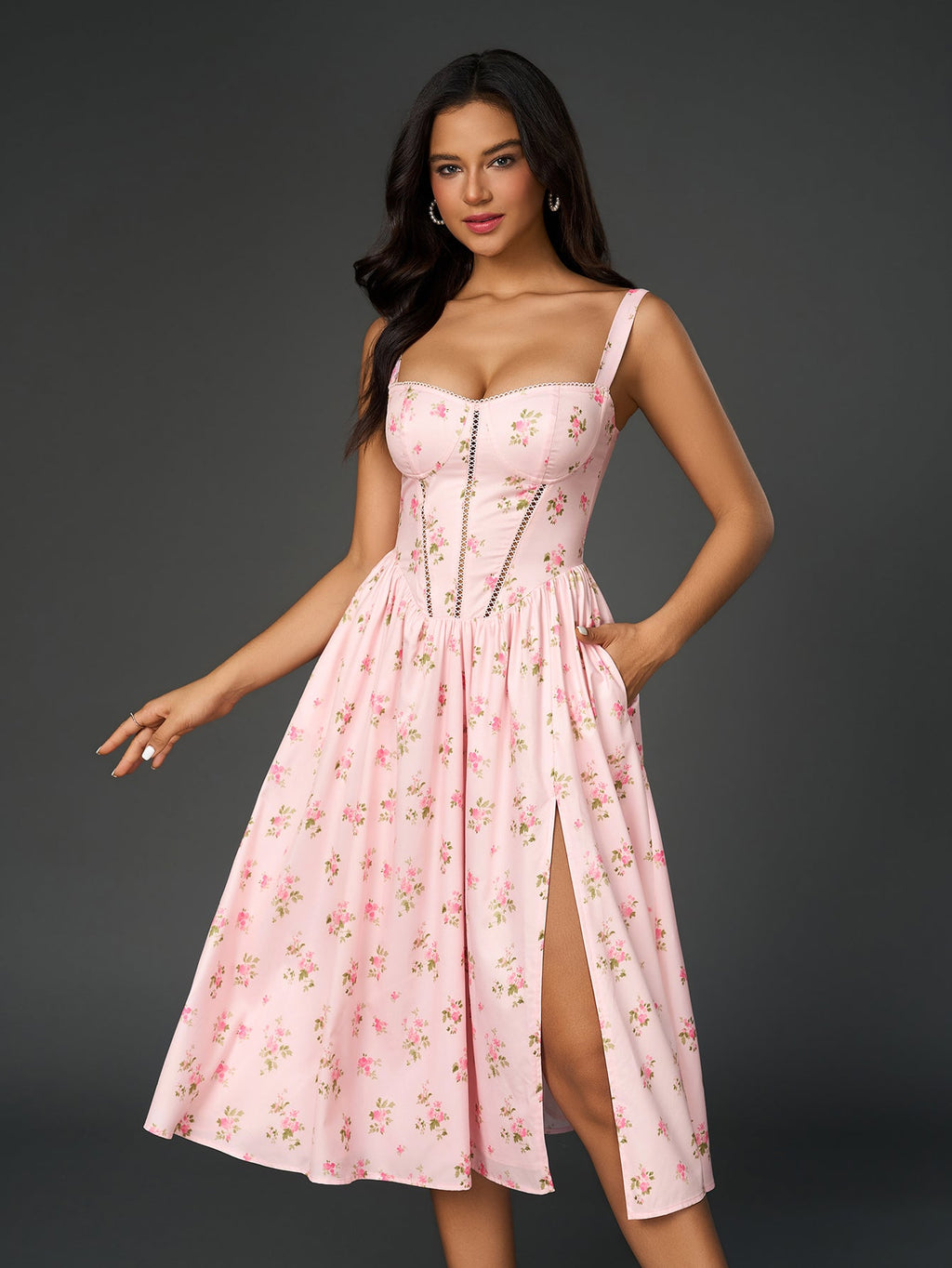 Yırtmaç Detaylı Çiçek Desenli Korse Formlu Elbise