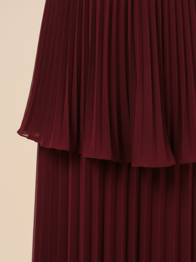 Bordo Bir Gece – Katmanlı Straplez Maxi Elbise