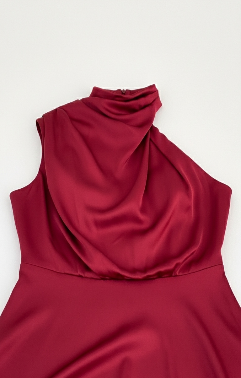 Kızıl Bir Fısıltı – Drapeli Boyun Detaylı Midi Elbise