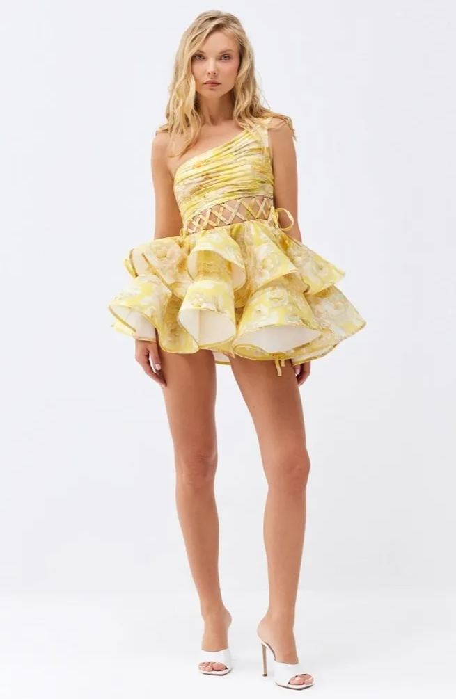 Andrea Çiçek Baskılı Tek Omuz Mini Şifon Elbise