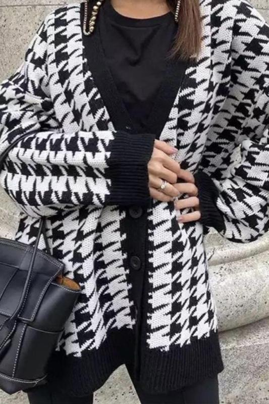 Houndstooth Uzun Hırka