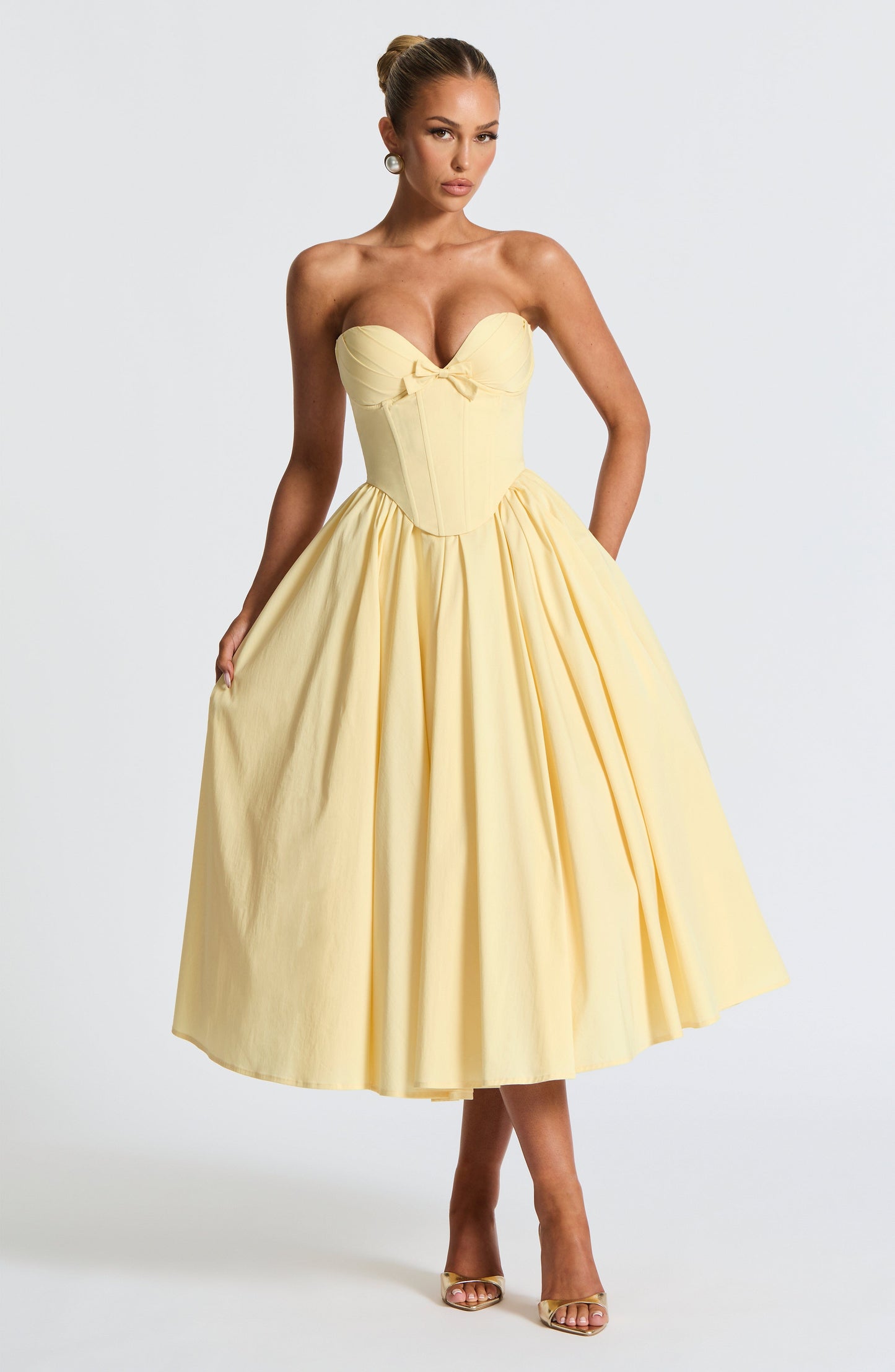Prim Fiyonklu Midi Elbise – Limon Sarısı