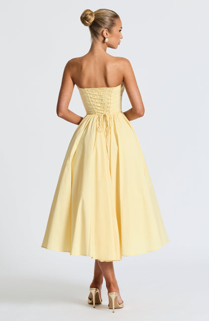 Prim Fiyonklu Midi Elbise – Limon Sarısı