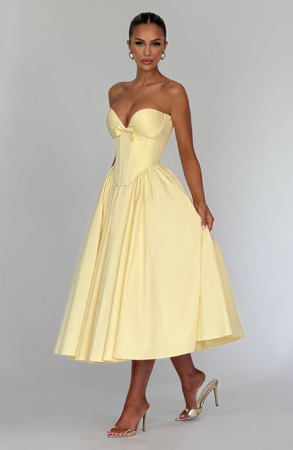 Prim Fiyonklu Midi Elbise – Limon Sarısı