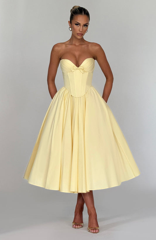 Prim Fiyonklu Midi Elbise – Limon Sarısı