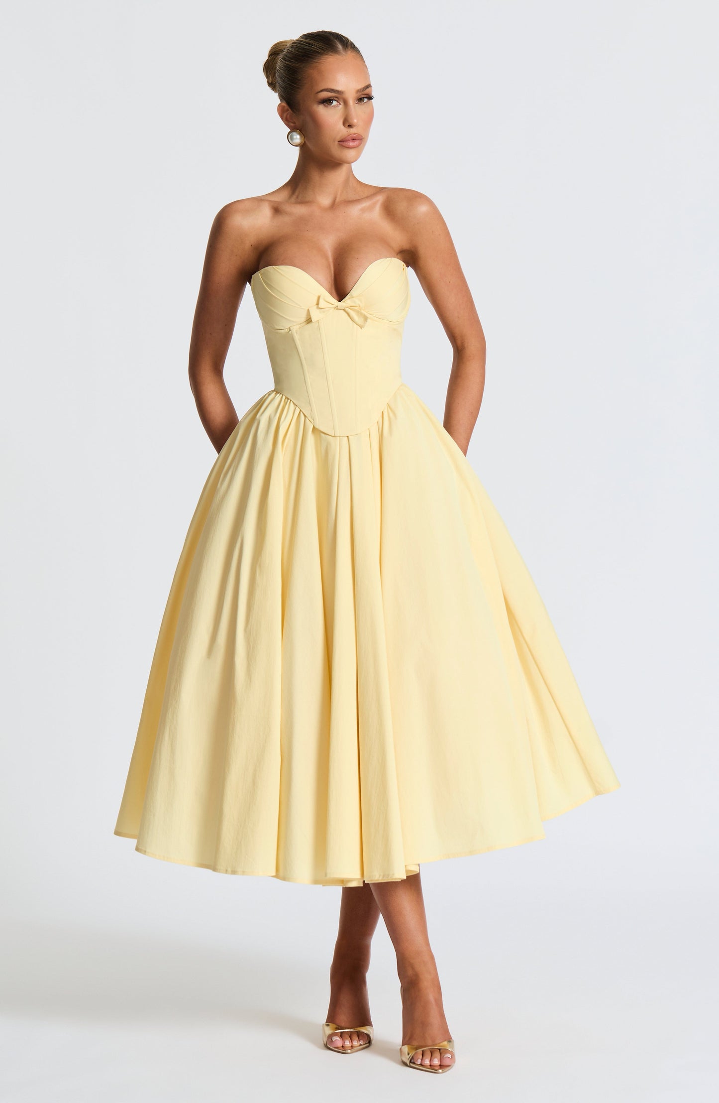 Prim Fiyonklu Midi Elbise – Limon Sarısı
